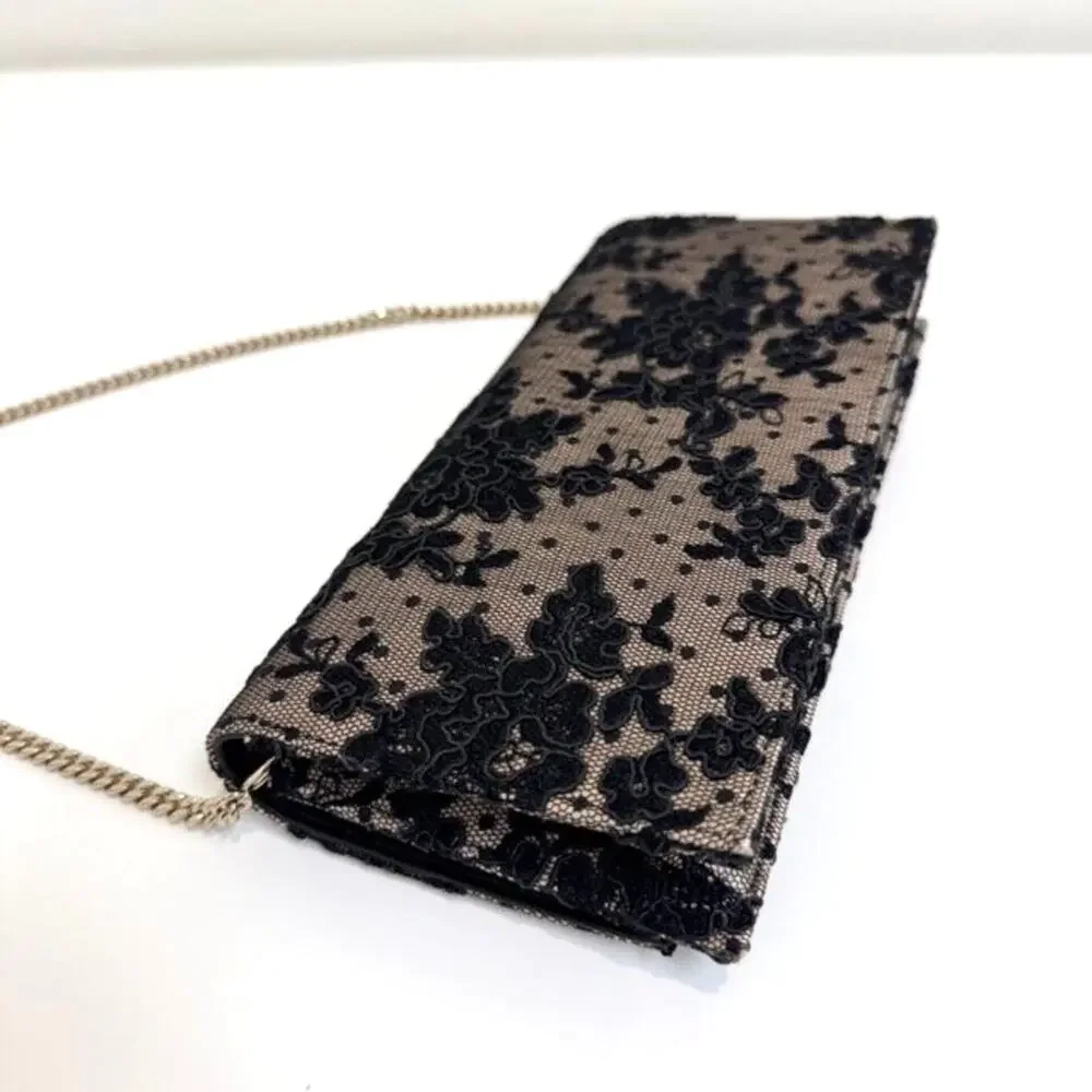 JIMMY CHOO Lilia Black Lace Gold Chain Shoulder Clutch Floral Flap Handbag